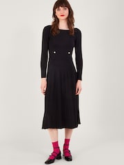Monsoon Black Pleat Trim Slash Neck Midi Dress with Lenzing™ EcoVero™ - Image 1 of 4