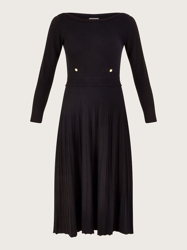 Monsoon Black Pleat Trim Slash Neck Midi Dress with Lenzing™ EcoVero™ - Image 4 of 4