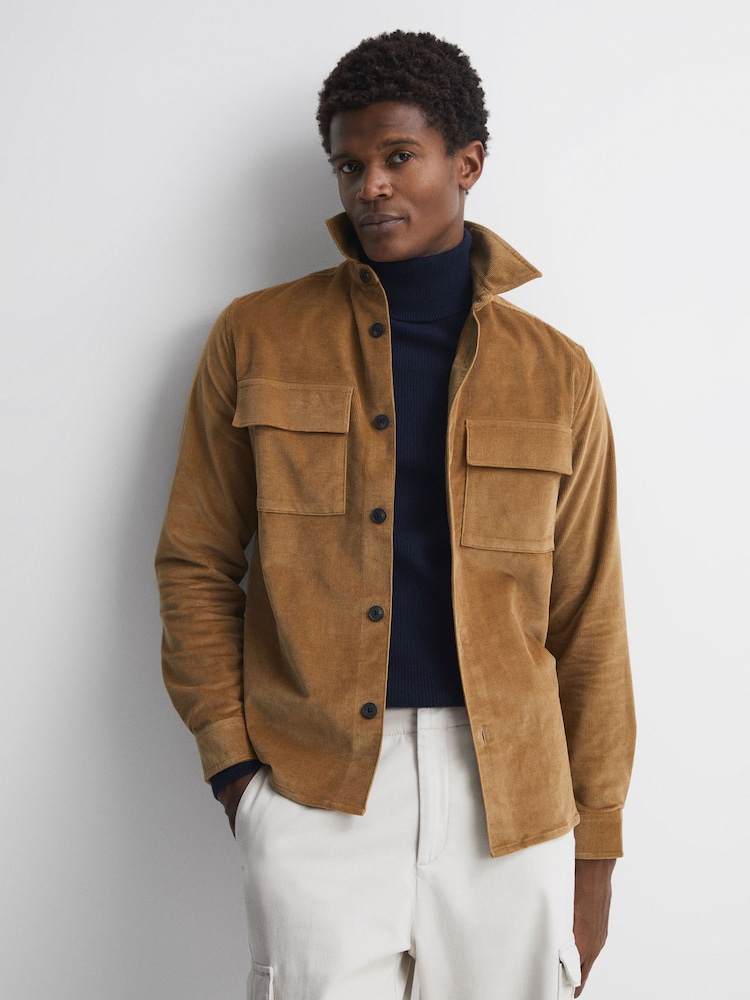 Reiss Camel Colins Corduroy Button-Through Overshirt - Image 1 of 5