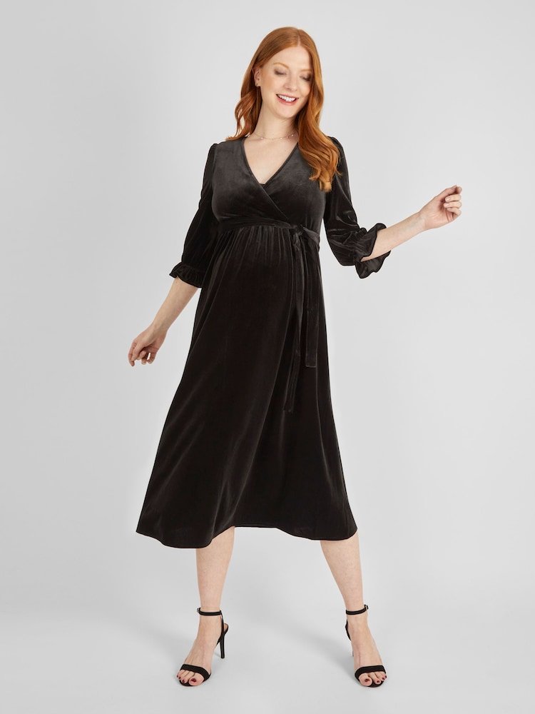 JoJo Maman Bébé Black Velvet Wrap Maternity & Nursing Dress - Image 2 of 5