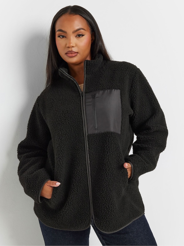 Yours Curve Black Borg Nylon Pocket Fleece - Image 1 of 4