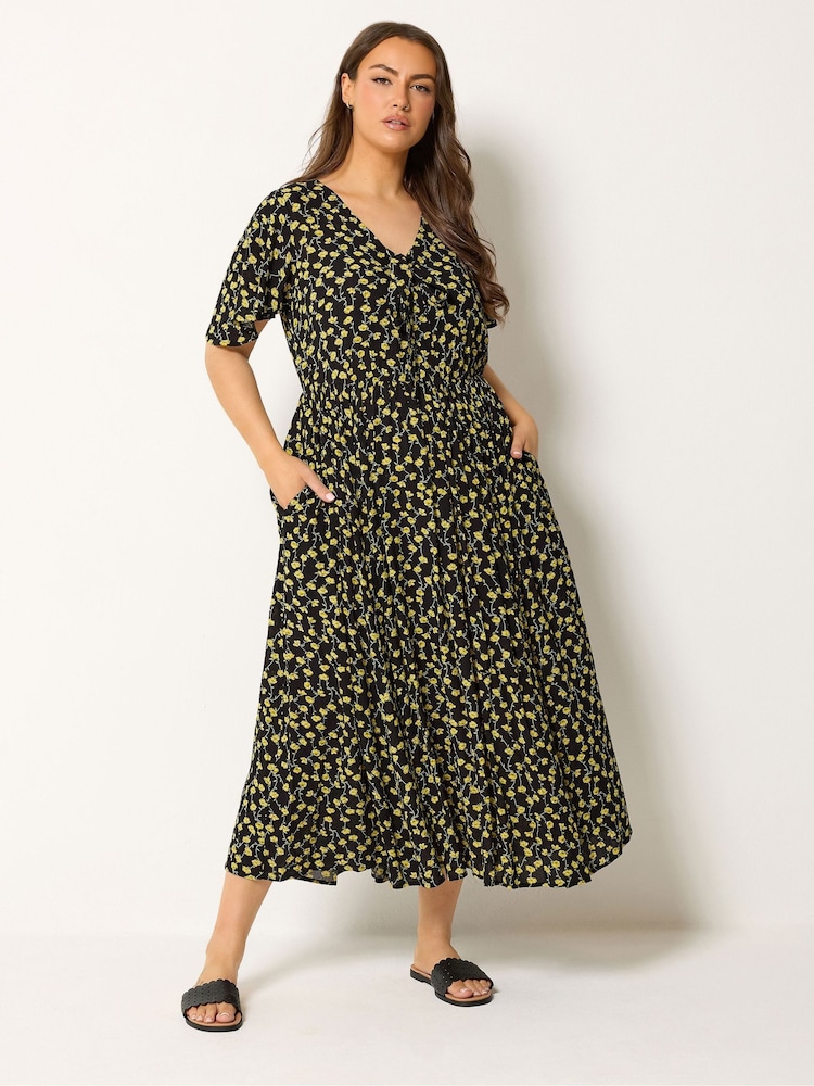 Yours Curve Black Smock Crinkle Maxi Dress - Image 1 of 5 Yours Curve Black Smock Crinkle Maxi Dress - Image 1 of 5