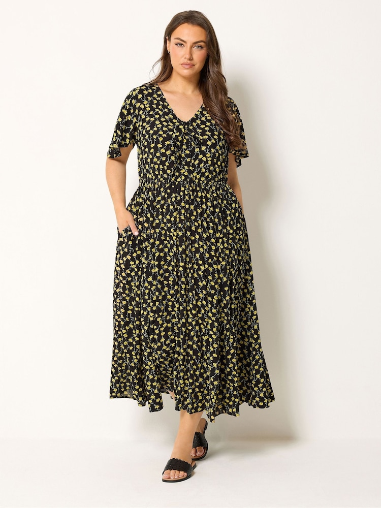Yours Curve Black Smock Crinkle Maxi Dress - Image 2 of 5 Yours Curve Black Smock Crinkle Maxi Dress - Image 2 of 5