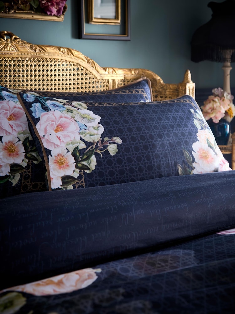 Laurence Llewelyn-Bowen Navy Bouquet List Cotton Duvet Cover & Pillowcase Set - Image 2 of 6