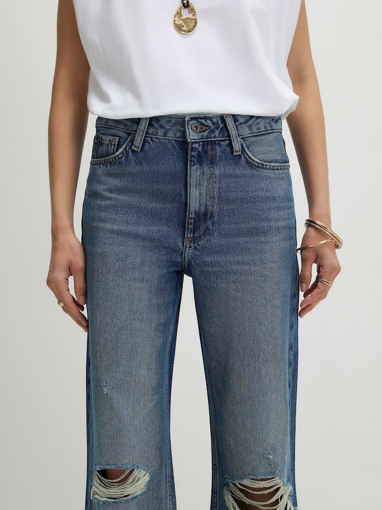 River Island Blue High Rise Ripped Relaxed Straight Jeans - Image 4 of 4 River Island Blue High Rise Ripped Relaxed Straight Jeans - Image 4 of 4