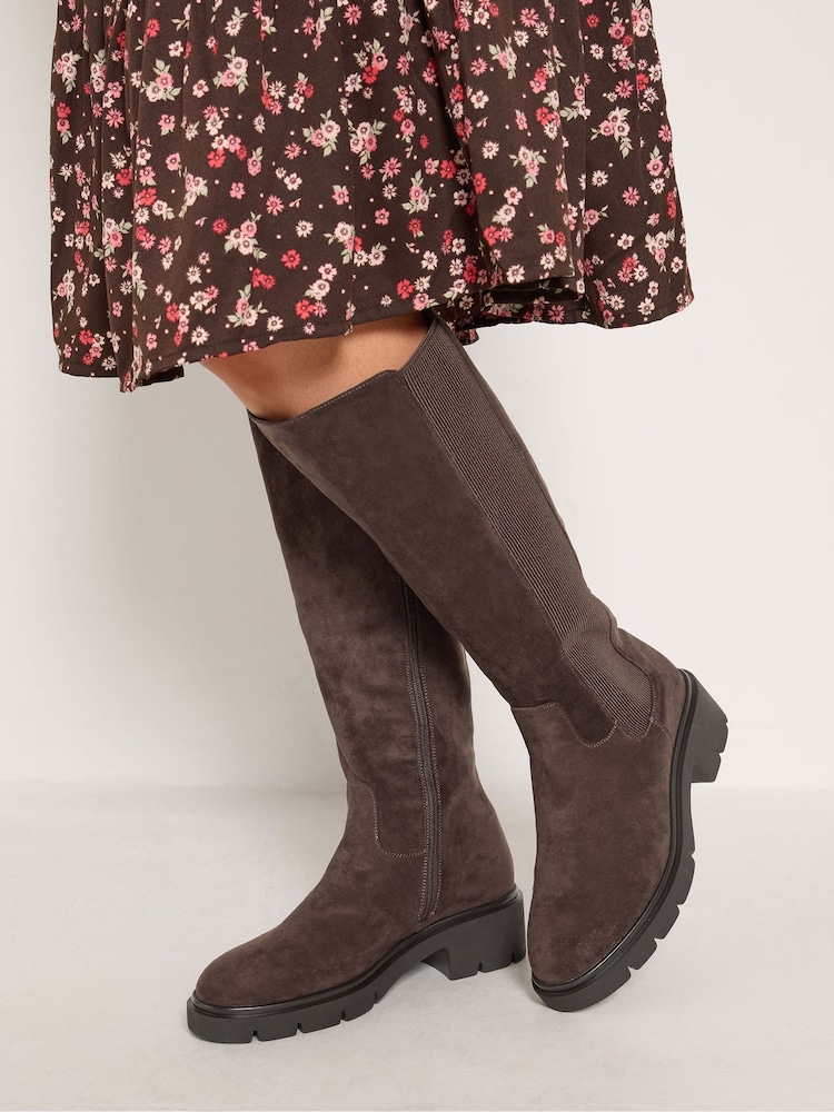 Yours Curve Brown Extra Wide Fit Knee High Cleated Chelsea Boots - Image 1 of 5 Yours Curve Brown Extra Wide Fit Knee High Cleated Chelsea Boots - Image 1 of 5