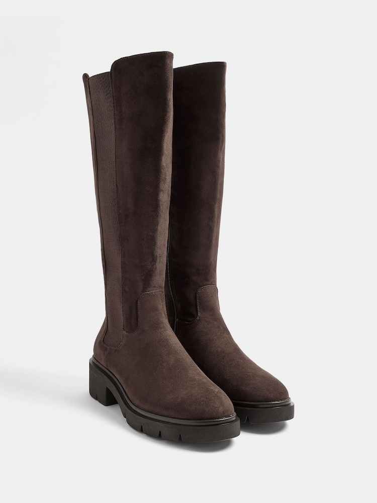 Yours Curve Brown Extra Wide Fit Knee High Cleated Chelsea Boots - Image 2 of 5 Yours Curve Brown Extra Wide Fit Knee High Cleated Chelsea Boots - Image 2 of 5