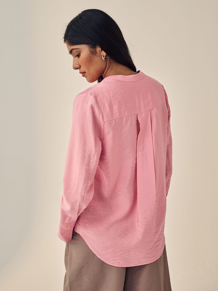 Rose Pink Long Sleeve Textured Overhead V-Neck Blouse - Image 3 of 6