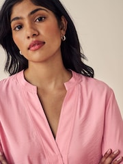 Rose Pink Long Sleeve Textured Overhead V-Neck Blouse - Image 4 of 6