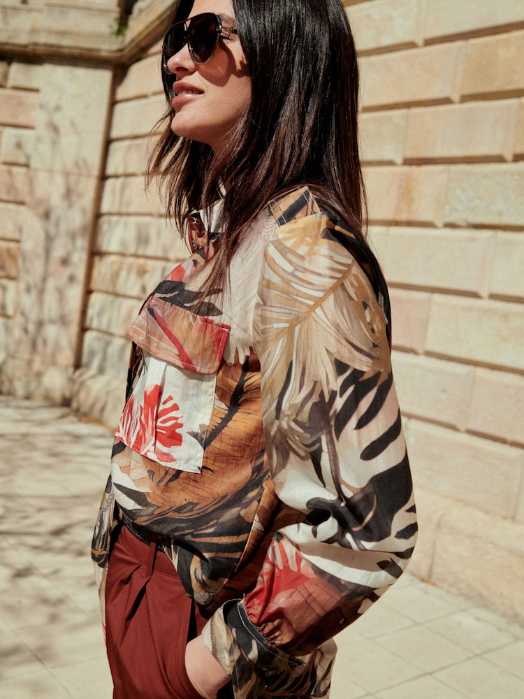 Safari Print Sheer Long Sleeve Oversized Shirt - Image 1 of 6 Safari Print Sheer Long Sleeve Oversized Shirt - Image 1 of 6