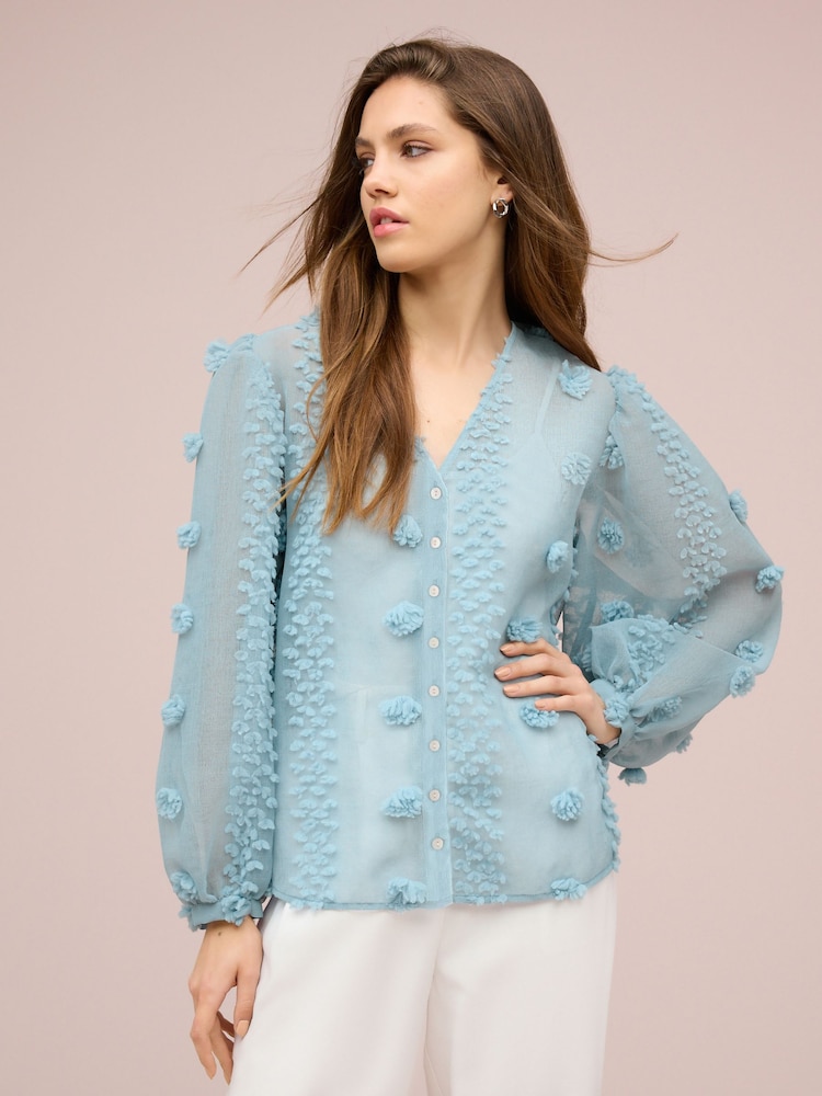 Blue Sheer V-Neck 3D Tufty Puff Sleeve Blouse - Image 1 of 6 Blue Sheer V-Neck 3D Tufty Puff Sleeve Blouse - Image 1 of 6