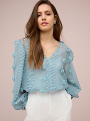 Blue Sheer V-Neck 3D Tufty Puff Sleeve Blouse - Image 2 of 6