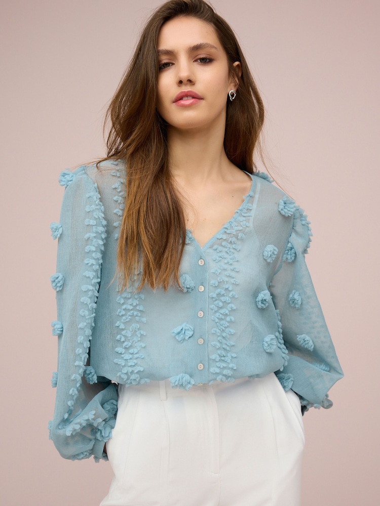 Blue Sheer V-Neck 3D Tufty Puff Sleeve Blouse - Image 2 of 6