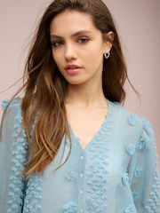 Blue Sheer V-Neck 3D Tufty Puff Sleeve Blouse - Image 4 of 6