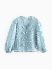 Blue Sheer V-Neck 3D Tufty Puff Sleeve Blouse - Image 5 of 6