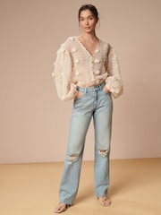 Cream Sheer V-Neck 3D Tufty Puff Sleeve Blouse - Image 3 of 7
