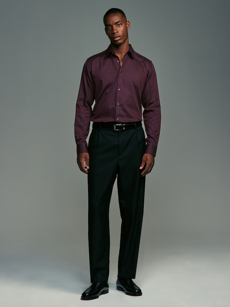 Burgundy Red Jacquard Print Regular Fit 100% Cotton Long Sleeves Single Cuff Formal Shirt - Image 3 of 8
