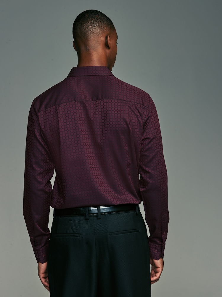 Burgundy Red Jacquard Print Regular Fit 100% Cotton Long Sleeves Single Cuff Formal Shirt - Image 4 of 8