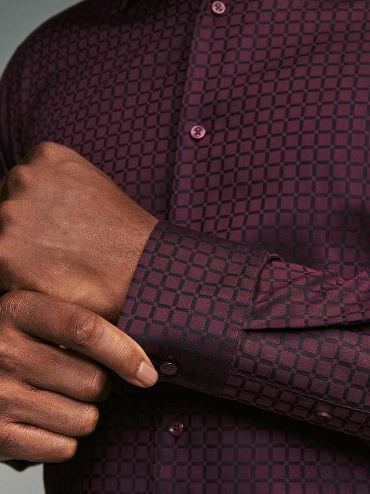 Burgundy Red Jacquard Print Regular Fit 100% Cotton Long Sleeves Single Cuff Formal Shirt - Image 5 of 8