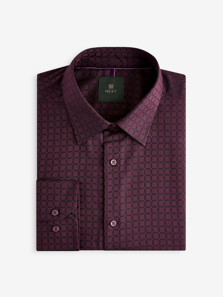 Burgundy Red Jacquard Print Regular Fit 100% Cotton Long Sleeves Single Cuff Formal Shirt - Image 6 of 8
