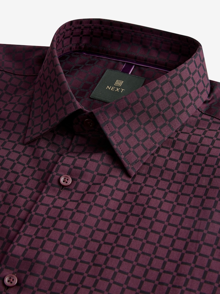 Burgundy Red Jacquard Print Regular Fit 100% Cotton Long Sleeves Single Cuff Formal Shirt - Image 7 of 8