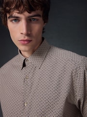 Neutral Brown Geometric Print Regular Fit 100% Cotton Long Sleeves Single Cuff Formal Shirt - Image 1 of 8