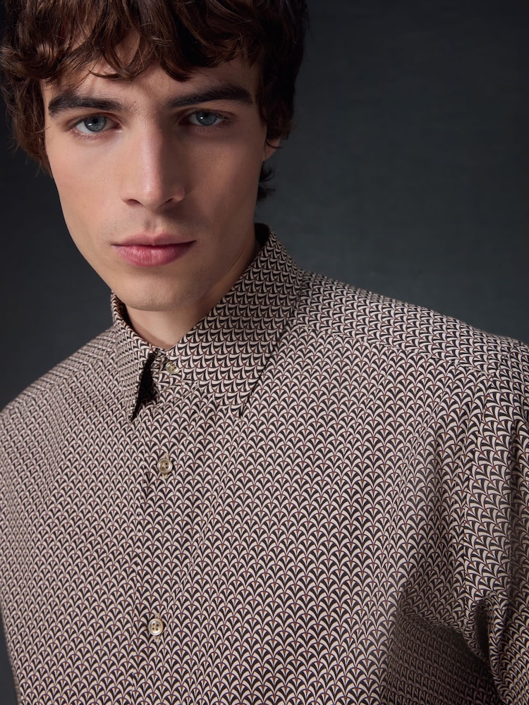 Neutral Brown Geometric Print Regular Fit 100% Cotton Long Sleeves Single Cuff Formal Shirt - Image 1 of 8