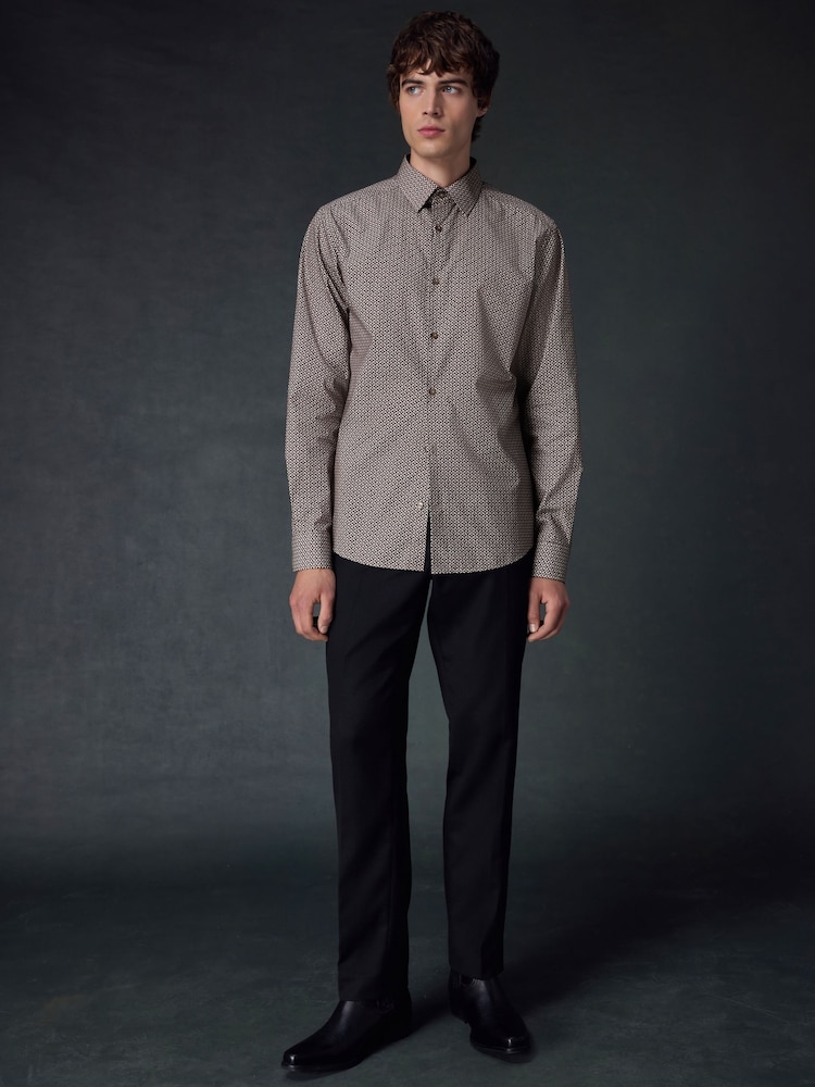 Neutral Brown Geometric Print Regular Fit 100% Cotton Long Sleeves Single Cuff Formal Shirt - Image 2 of 8 Neutral Brown Geometric Print Regular Fit 100% Cotton Long Sleeves Single Cuff Formal Shirt - Image 2 of 8