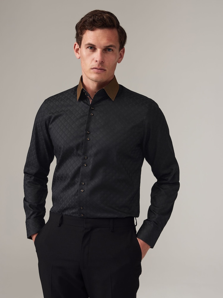 Black/Gold Regular Fit Trimmed Formal 100% Cotton Oxford Shirt - Image 1 of 8