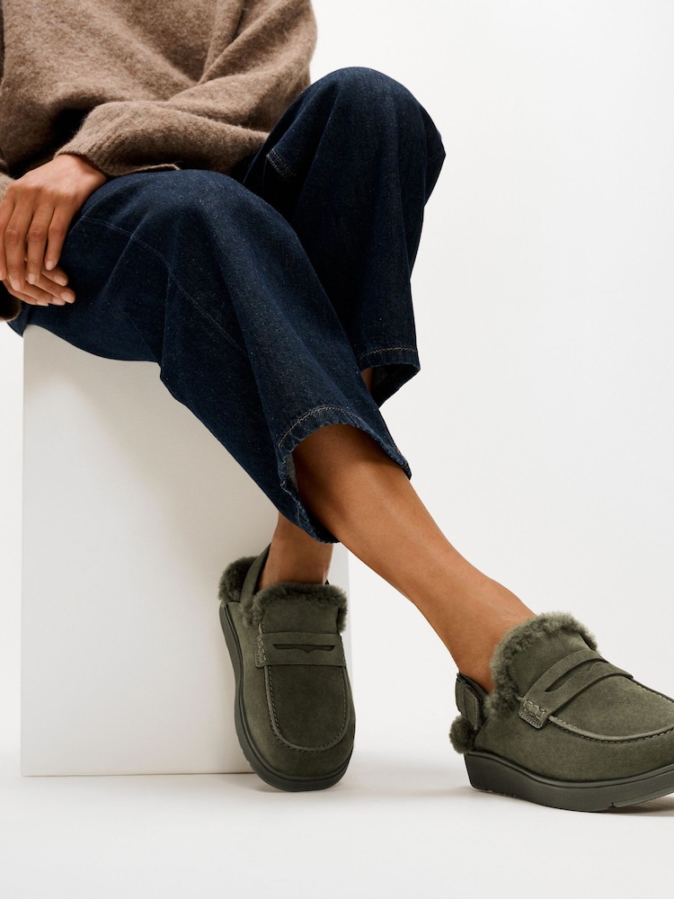 FitFlop Green Gen-FF Suede Shearling Loafer Back-Strap Mules - Image 1 of 4