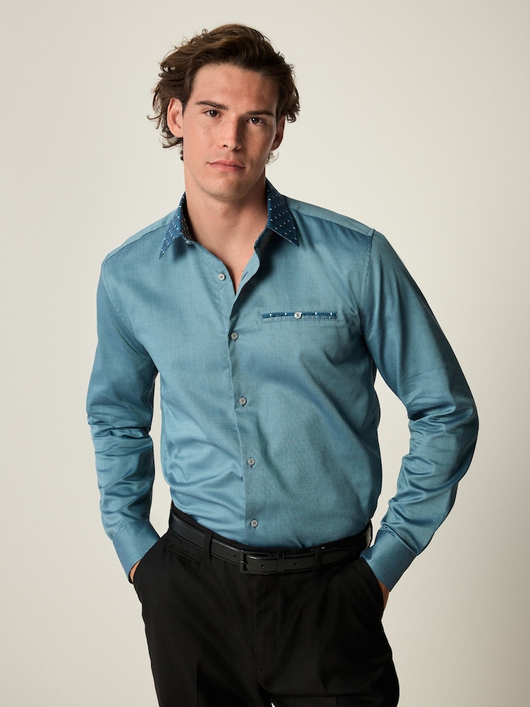 Teal Blue Regular Fit Trimmed Formal 100% Cotton Oxford Shirt - Image 1 of 8