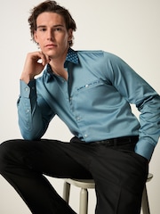 Teal Blue Regular Fit Trimmed Formal 100% Cotton Oxford Shirt - Image 2 of 8