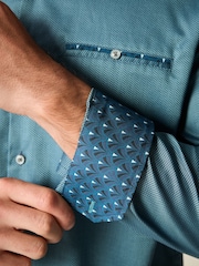 Teal Blue Regular Fit Trimmed Formal 100% Cotton Oxford Shirt - Image 4 of 8