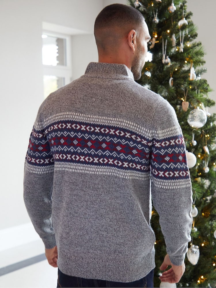 Threadbare Grey Quarter Zip Christmas Knitted Jumper - Image 2 of 4