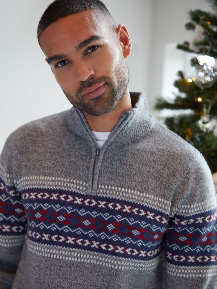 Threadbare Grey Quarter Zip Christmas Knitted Jumper - Image 4 of 4