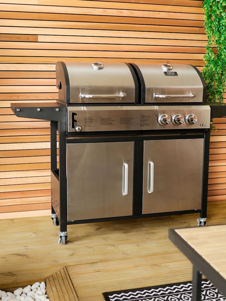 Charles Bentley Silver 2+1 Burner Gas Grill & Charcoal Grill BBQ In Stain - Image 1 of 4