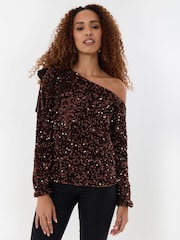 Threadbare Brown Sequin Slash Neck Top with Bow Detail - Image 1 of 5