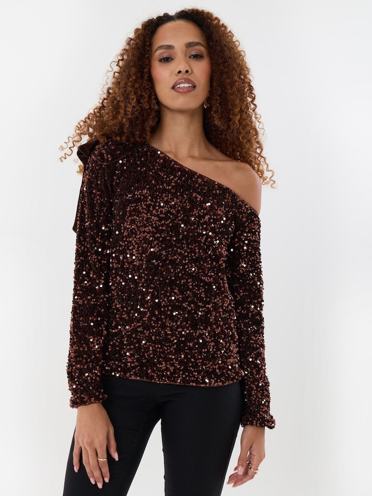 Threadbare Brown Sequin Slash Neck Top with Bow Detail - Image 1 of 5 Threadbare Brown Sequin Slash Neck Top with Bow Detail - Image 1 of 5