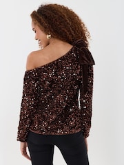 Threadbare Brown Sequin Slash Neck Top with Bow Detail - Image 2 of 5