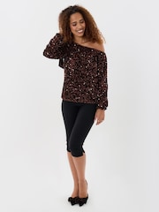 Threadbare Brown Sequin Slash Neck Top with Bow Detail - Image 4 of 5