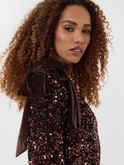 Threadbare Brown Sequin Slash Neck Top with Bow Detail - Image 5 of 5