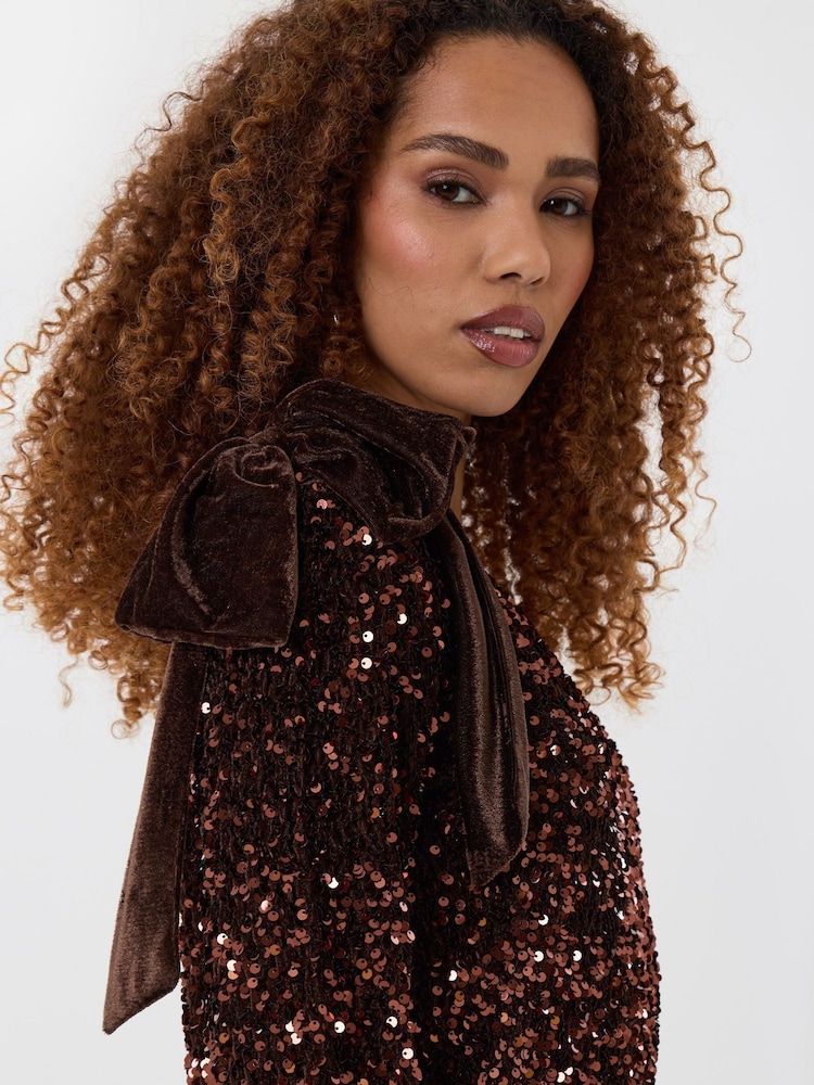 Threadbare Brown Sequin Slash Neck Top with Bow Detail - Image 5 of 5 Threadbare Brown Sequin Slash Neck Top with Bow Detail - Image 5 of 5