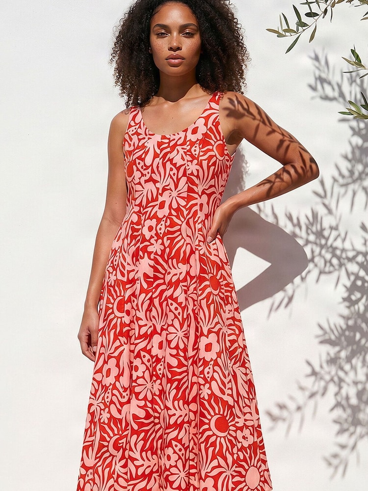 Roman Natural Abstract Print Midi Dress - Image 1 of 4 Roman Natural Abstract Print Midi Dress - Image 1 of 4