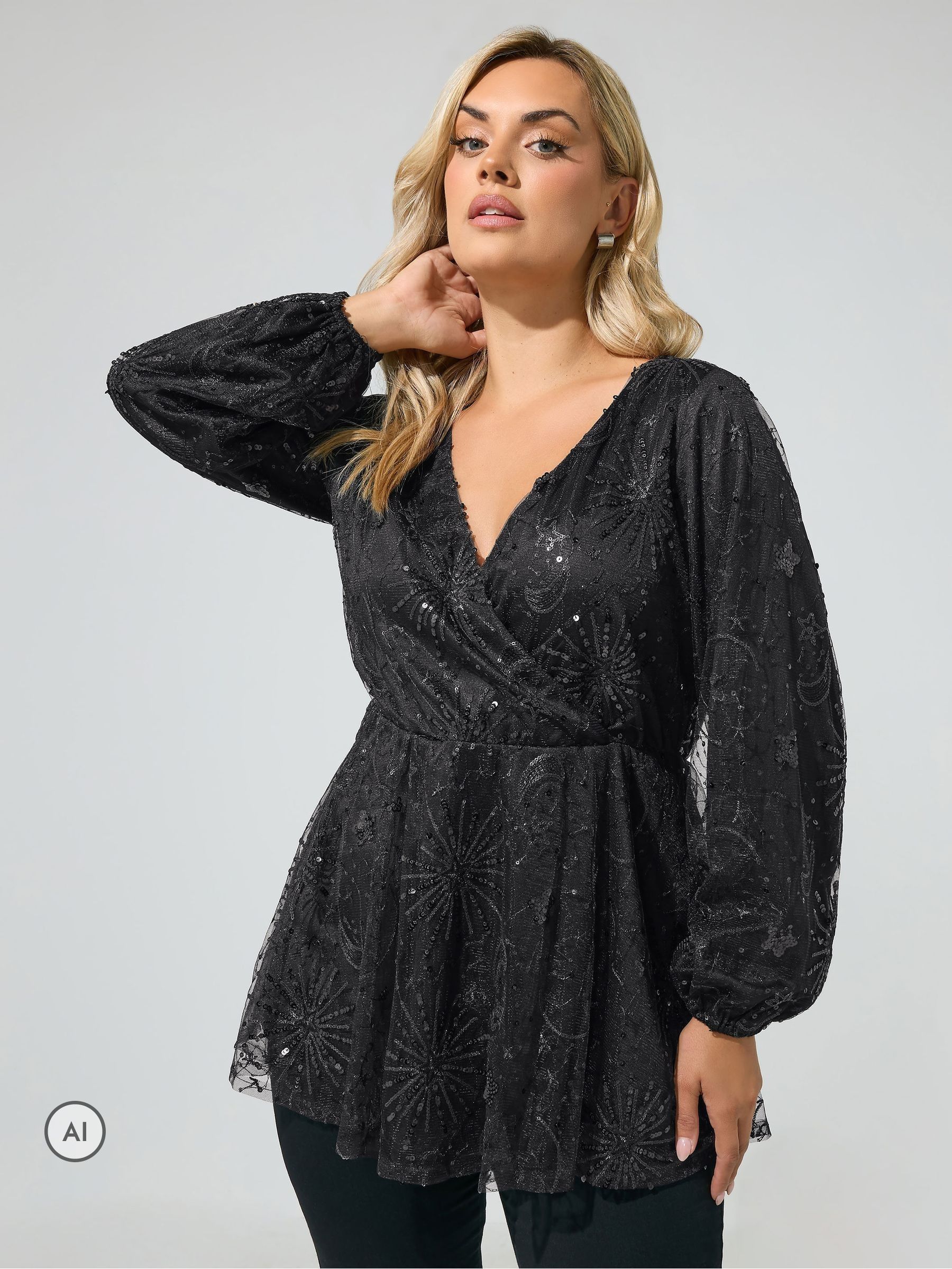 Yours London Women's Black Curve Sequin Celestial Wrap Top - Image 3