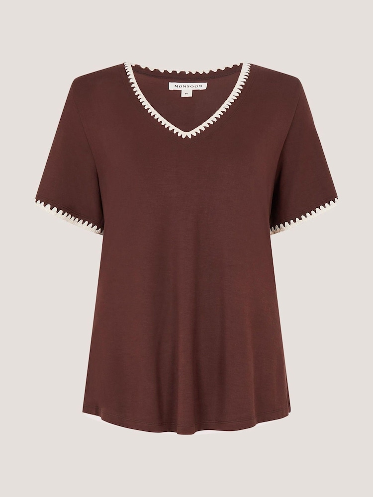 Monsoon Brown Tilly Contrast Stitch Jersey T-Shirt - Image 4 of 4