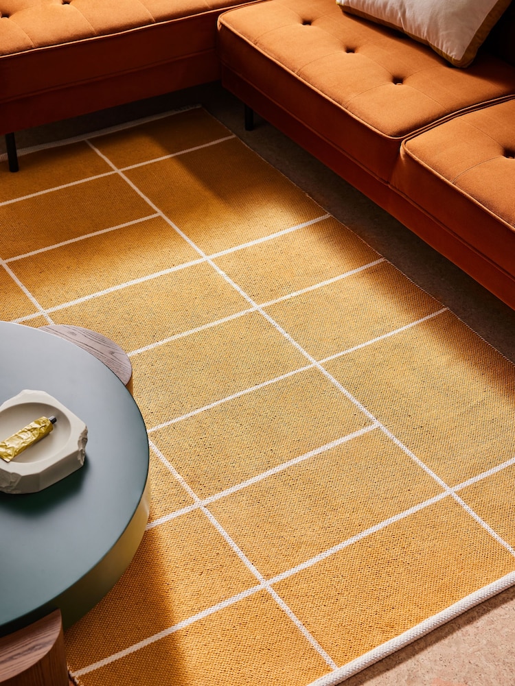 MADE.COM Ochre Yellow Elsmore Reversible Woven Cotton Rug - Image 1 of 8