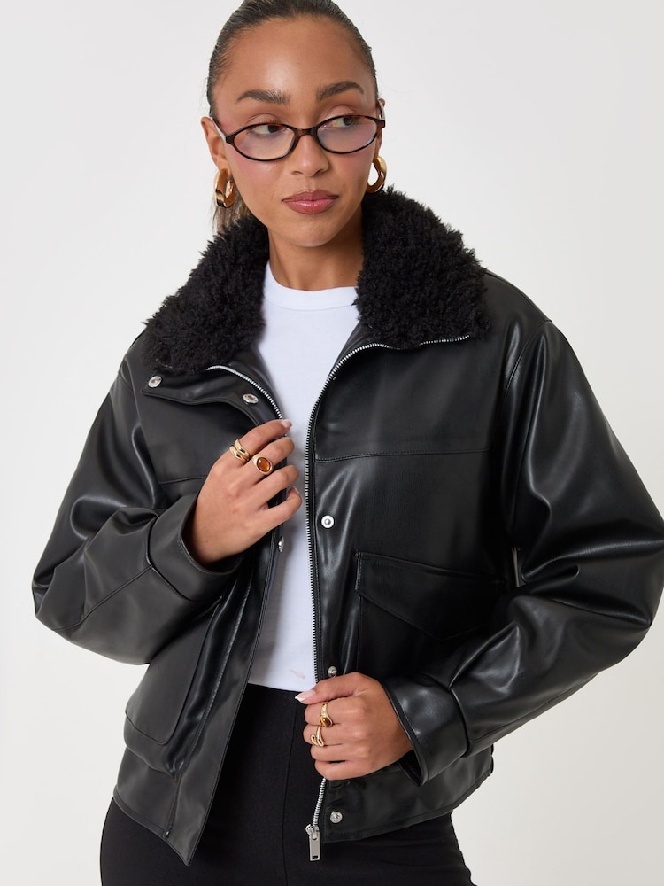 Threadbare Faux Leather Fur Collar Jacket - Imagen 1 de 5
