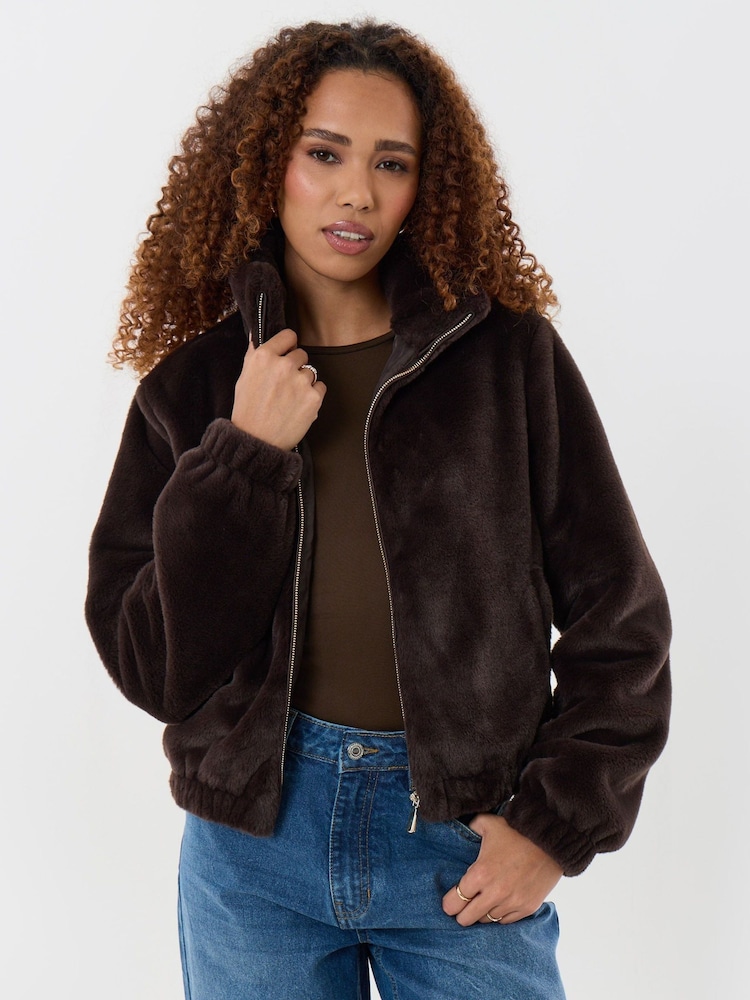 Threadbare Brown Faux Fur Bomber Jacket - Image 1 of 5