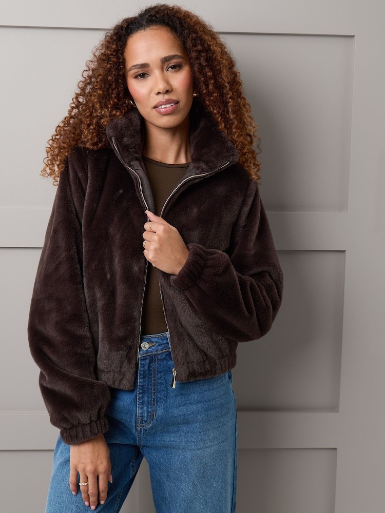 Threadbare Brown Faux Fur Bomber Jacket - Image 5 of 5