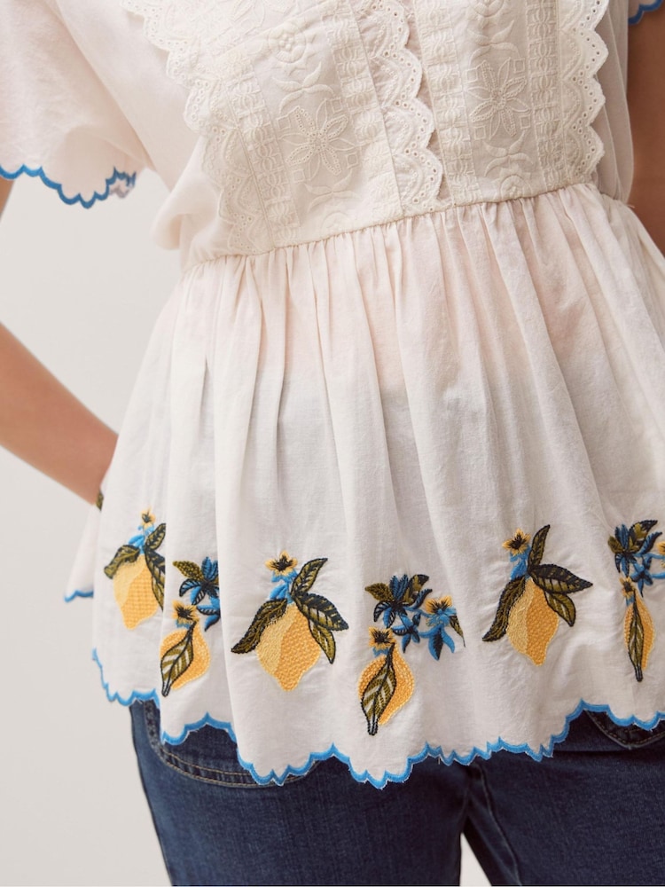Monsoon Cream Luna Lemon Embroidered Jersey Top - Image 2 of 5